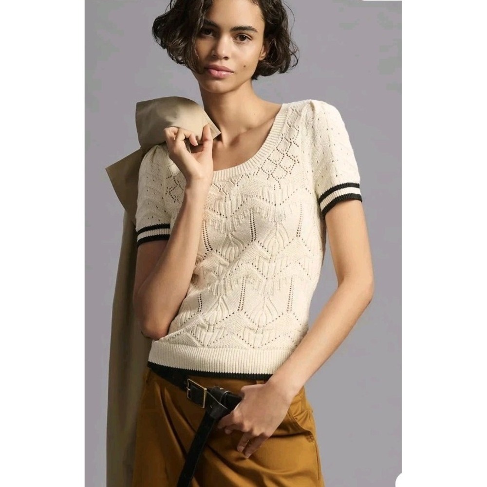 Maeve Anthropologie Short Sleeve Pointelle Sweater Top Women L Crochet Knit